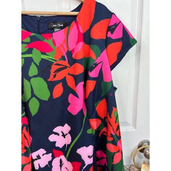 Jessica Howard Navy Floral Pattern Short  Cap Sleeves Crew Neck A Line Dress 22W - Picture 8 of 12